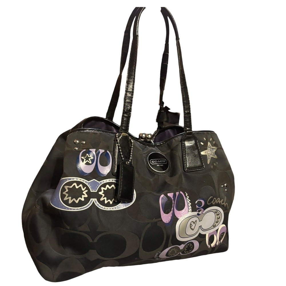 Coach Optic C Signature C Applique Poppy Glam Kisslock Tote Bag Black Purple - Picture 2 of 11